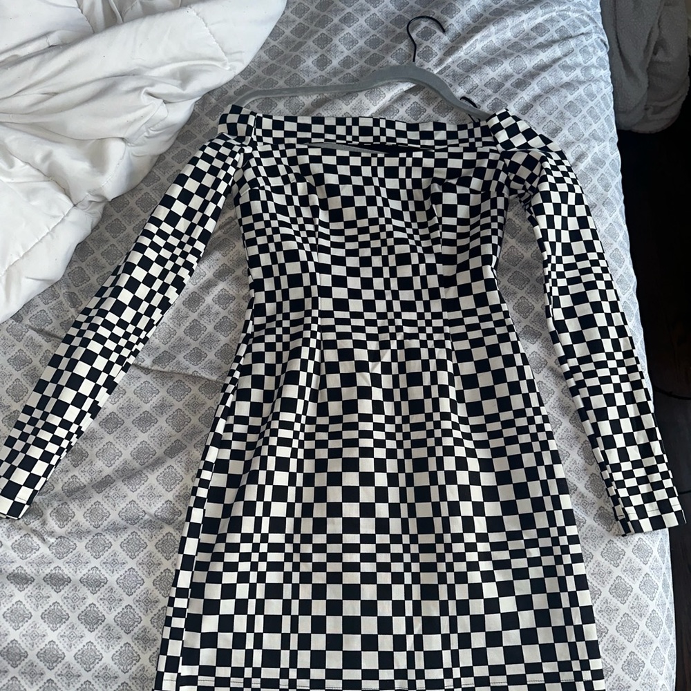 Zara Monochrome Checkered Long Sleeve Dress